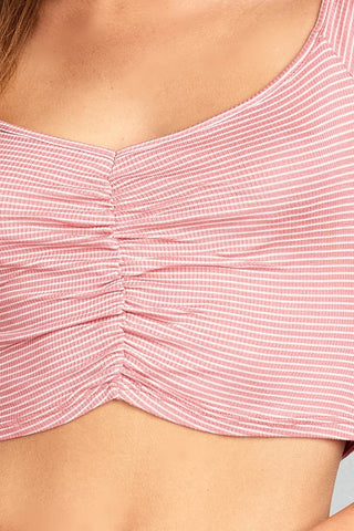Ladies fashion short sleeve off the shoulder front shirring detail crop stripe rayon spandex rib top