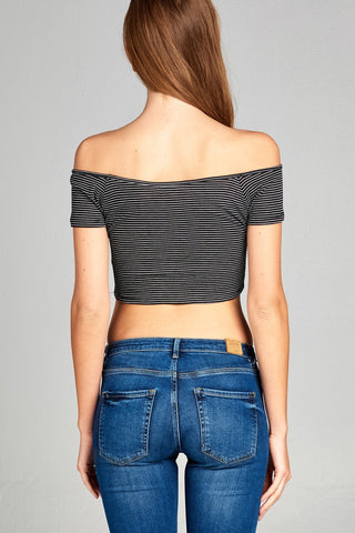 Ladies fashion short sleeve off the shoulder front shirring detail crop stripe rayon spandex rib top