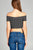 Ladies fashion short sleeve off the shoulder front shirring detail crop stripe rayon spandex rib top