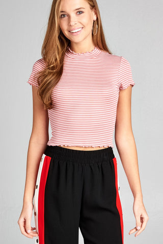 Ladies fashion short sleeve mock neck ruffled hem stripe rayon spandex rib top