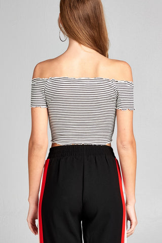 Ladies fashion short sleeve off the shoulder stripe rayon spandex rib top
