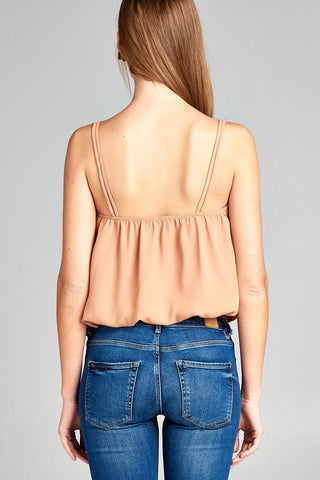 Ladies fashion v-neck wrap w/cross strap elastic hem cami wool dobby woven top