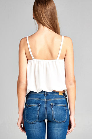 Ladies fashion v-neck wrap w/cross strap elastic hem cami wool dobby woven top