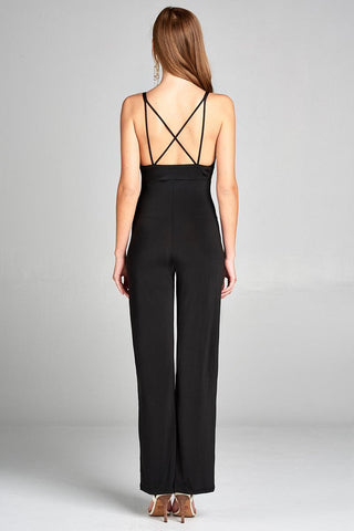Ladies fashion v-neck w/back cross strap long leg poly spandex knit jumpsuit