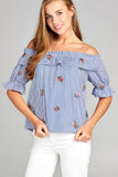 Ladies fashion short sleeve off the shoulder w/ruffle embo stripe woven top