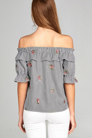 Ladies fashion short sleeve off the shoulder w/ruffle embo stripe woven top