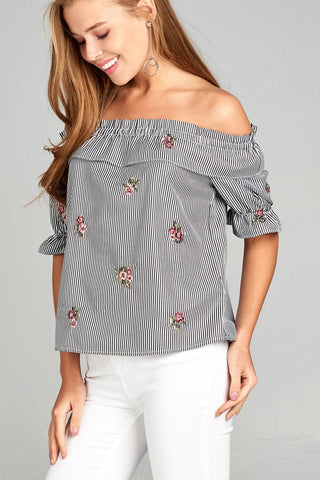 Ladies fashion short sleeve off the shoulder w/ruffle embo stripe woven top