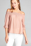 Ladies fashion short sleeve w/string off the shoulder smocked detail crepe woven top