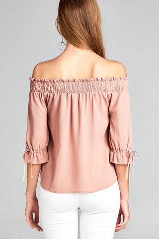 Ladies fashion short sleeve w/string off the shoulder smocked detail crepe woven top