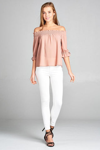 Ladies fashion short sleeve w/string off the shoulder smocked detail crepe woven top