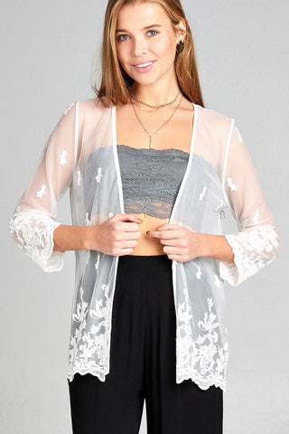 Ladies fashion open front scalloped hem lace cardigan