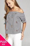 Ladies fashion plus size short sleeve off the shoulder w/ruffle embo stripe woven top