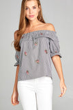 Ladies fashion plus size short sleeve off the shoulder w/ruffle embo stripe woven top