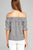 Ladies fashion plus size short sleeve off the shoulder w/ruffle embo stripe woven top