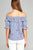 Ladies fashion plus size short sleeve off the shoulder w/ruffle embo stripe woven top