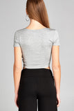 Ladies fashion short sleeve front open self tie rayon spandex crop top