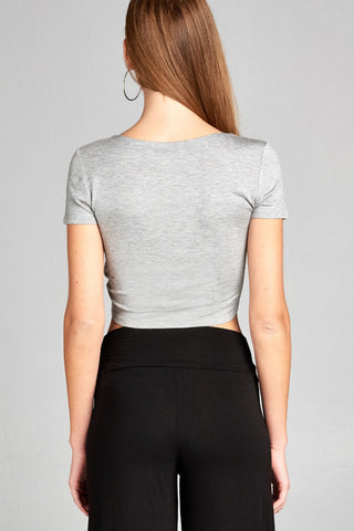 Ladies fashion short sleeve front open self tie rayon spandex crop top