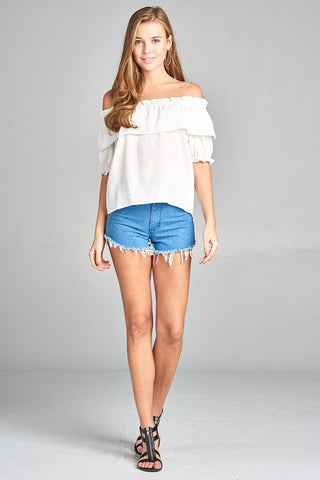 Ladies fashion short sleeve w/elastic off the shoulder flounce w/ruffle woven top