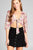 Ladies fashion elbow bell sleeve open front self tie floral print mesh crop top