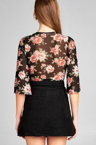 Ladies fashion elbow bell sleeve open front self tie floral print mesh crop top