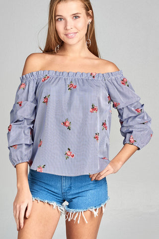 Ladies fashion 3/4 bubble sleeve off the shoulder all over floral embo stripe woven top