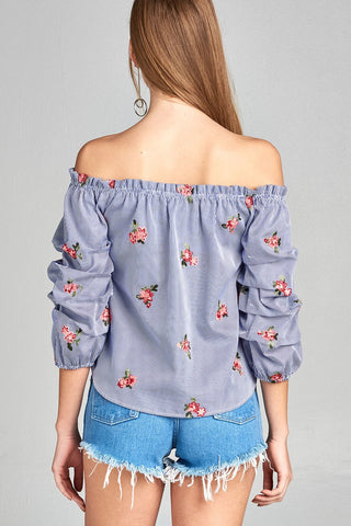 Ladies fashion 3/4 bubble sleeve off the shoulder all over floral embo stripe woven top