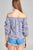 Ladies fashion 3/4 bubble sleeve off the shoulder all over floral embo stripe woven top
