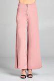 Ladies fashion high waist front zipper detail side slit long woven pants