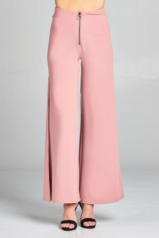 Ladies fashion high waist front zipper detail side slit long woven pants