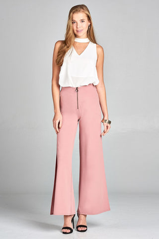 Ladies fashion high waist front zipper detail side slit long woven pants