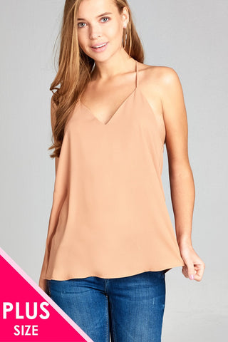 Ladies fashion plus size v-neck back t-strap cami wool dobby woven top