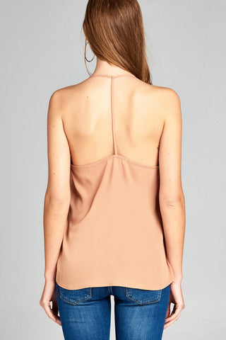 Ladies fashion plus size v-neck back t-strap cami wool dobby woven top