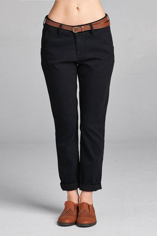 Ladies fashion cotton spandex twill long pants w/belt