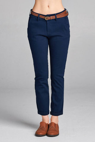 Ladies fashion cotton spandex twill long pants w/belt