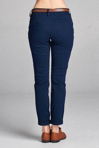 Ladies fashion cotton spandex twill long pants w/belt