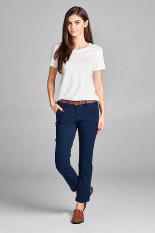 Ladies fashion cotton spandex twill long pants w/belt