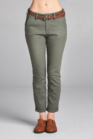 Ladies fashion cotton spandex twill long pants w/belt