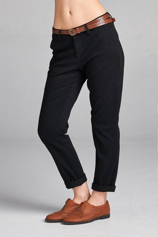 Ladies fashion cotton spandex twill long pants w/belt