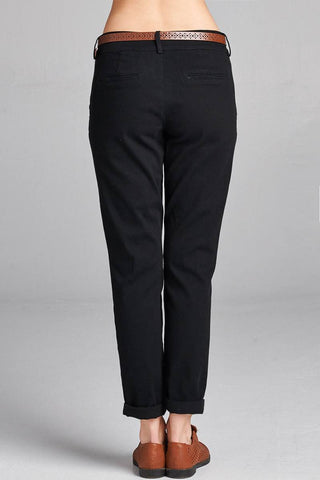 Ladies fashion cotton spandex twill long pants w/belt