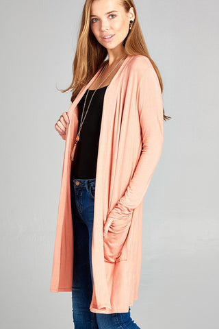 Ladies fashion long sleeve open front w/pocket long length rayon spandex cardigan