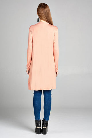 Ladies fashion long sleeve open front w/pocket long length rayon spandex cardigan