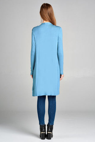 Ladies fashion long sleeve open front w/pocket long length rayon spandex cardigan