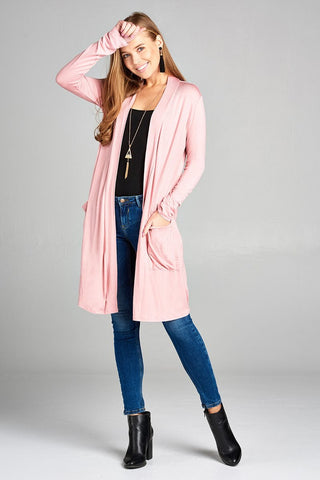 Ladies fashion long sleeve open front w/pocket long length rayon spandex cardigan