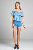 Ladies fashion plus size off the shoulder chambray ruffle top