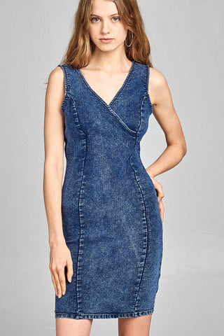 Ladies fashion double v-neck front wrap detail w/back zipper bodycon denim mini dress - merchandiserus2