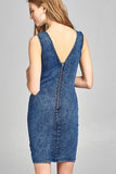 Ladies fashion double v-neck front wrap detail w/back zipper bodycon denim mini dress - merchandiserus2