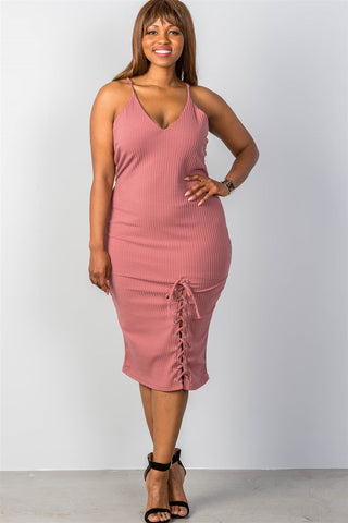 Ladies fashion plus size ribbed knit lace-up dress