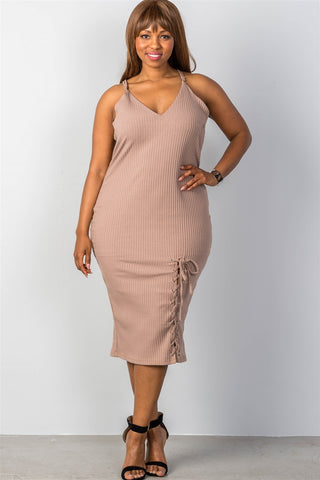 Ladies fashion plus size ribbed knit lace-up dress