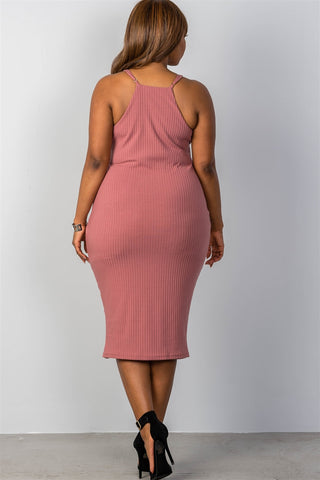 Ladies fashion plus size ribbed knit lace-up dress