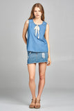 Ladies fashion sleeveless front lace up detail chambray top